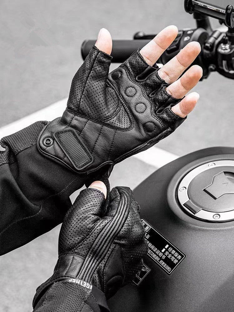 Guantes de Moto de Dedos Cortos de Cuero PU – Estilo Biker Retro y Transpirables de Verano