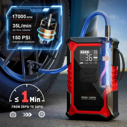 Portable Car Starter – Built-in Compressor and LED Light 
