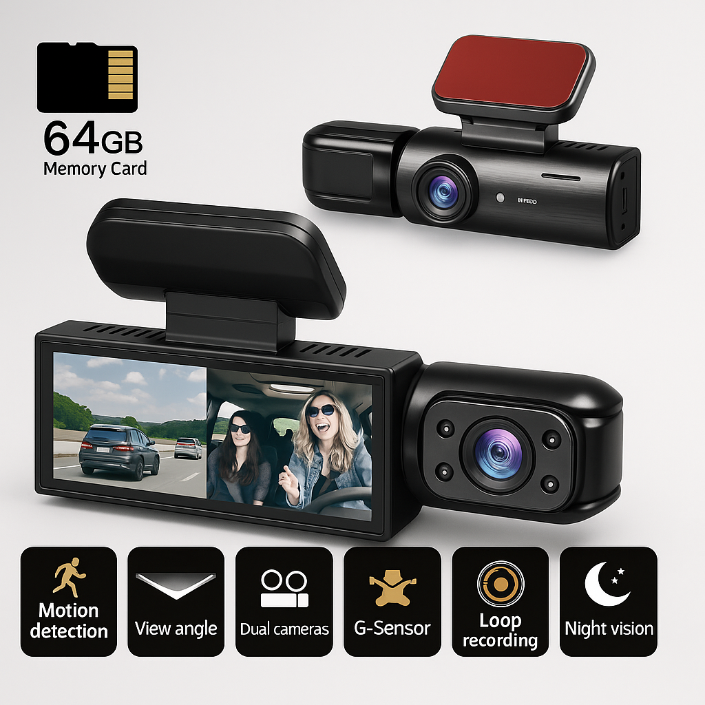Dashcam Double Full HD Auto - Noční vidění + Vnitřní kamera 